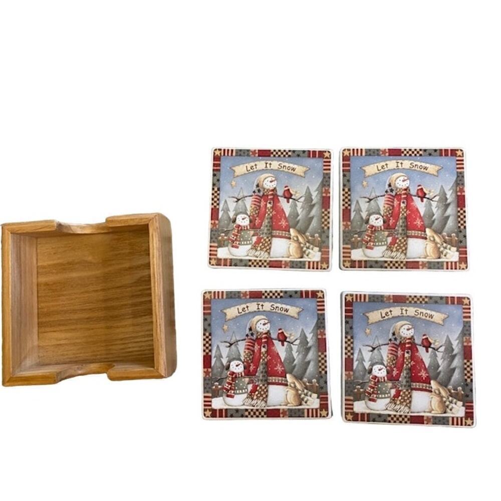 Vintage PSI "Let It Snow" Tile Coasters w/Wooden Holder Set of‎ 4 Excellent Cond
